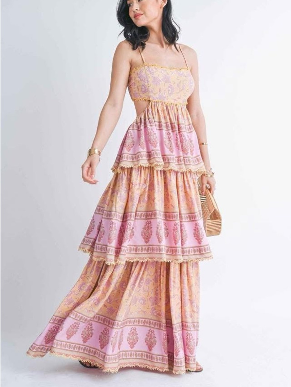 Romantic Pink & Peach Tiered Maxi Dress